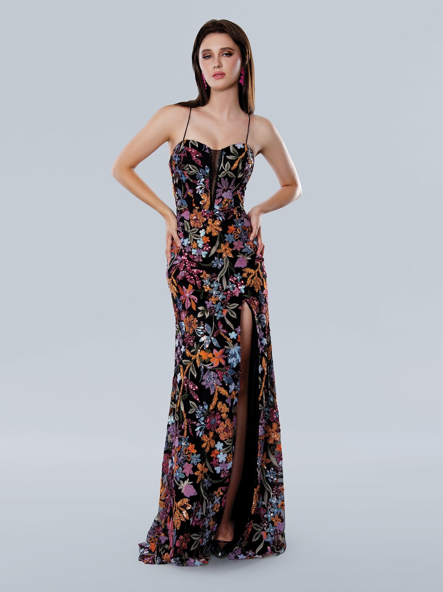 Prom Dresses Long Formal Sequin Floral Print Prom Dress Orange