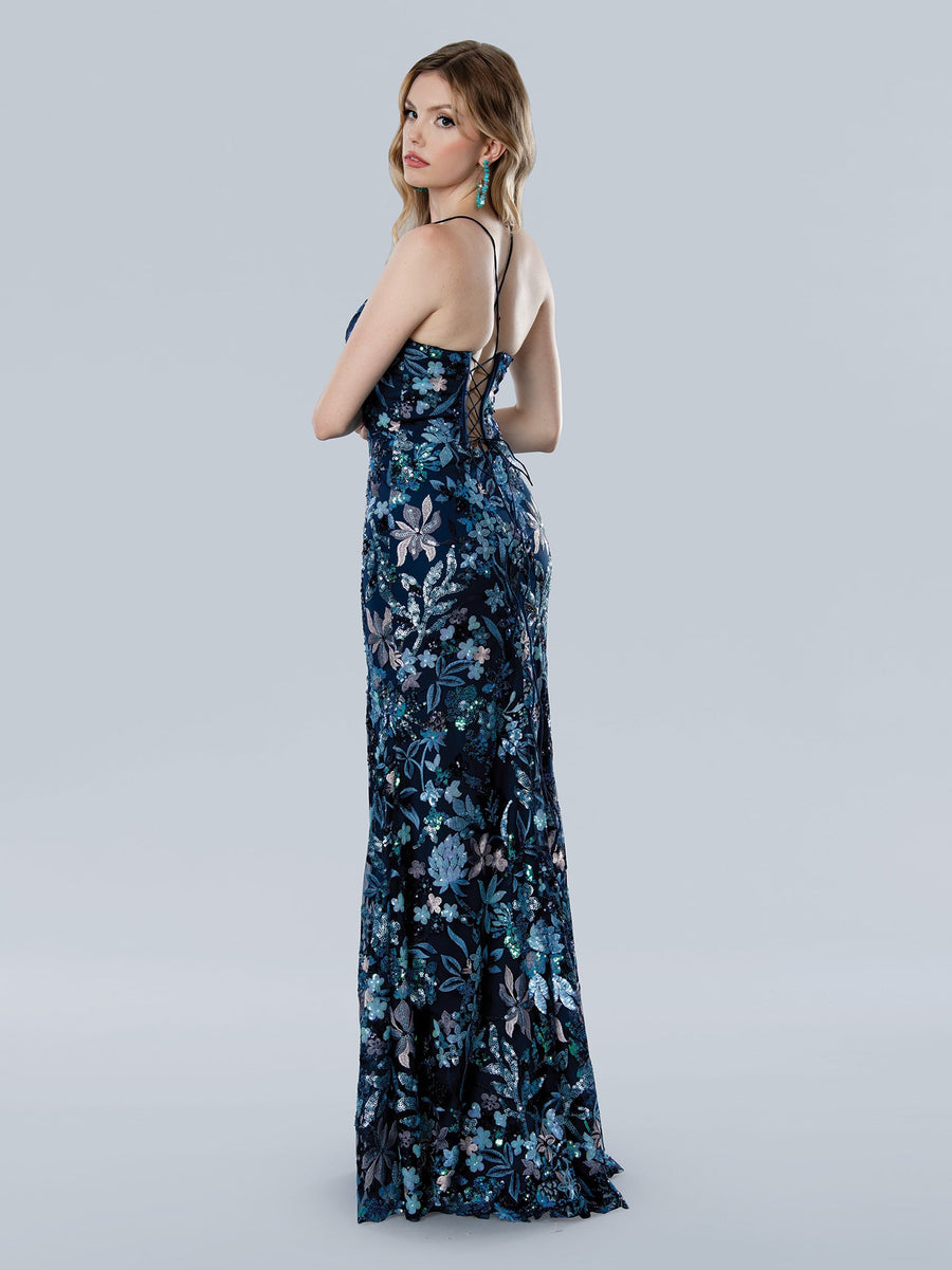 Prom Dresses Long Formal Sequin Floral Print Prom Dress Blue