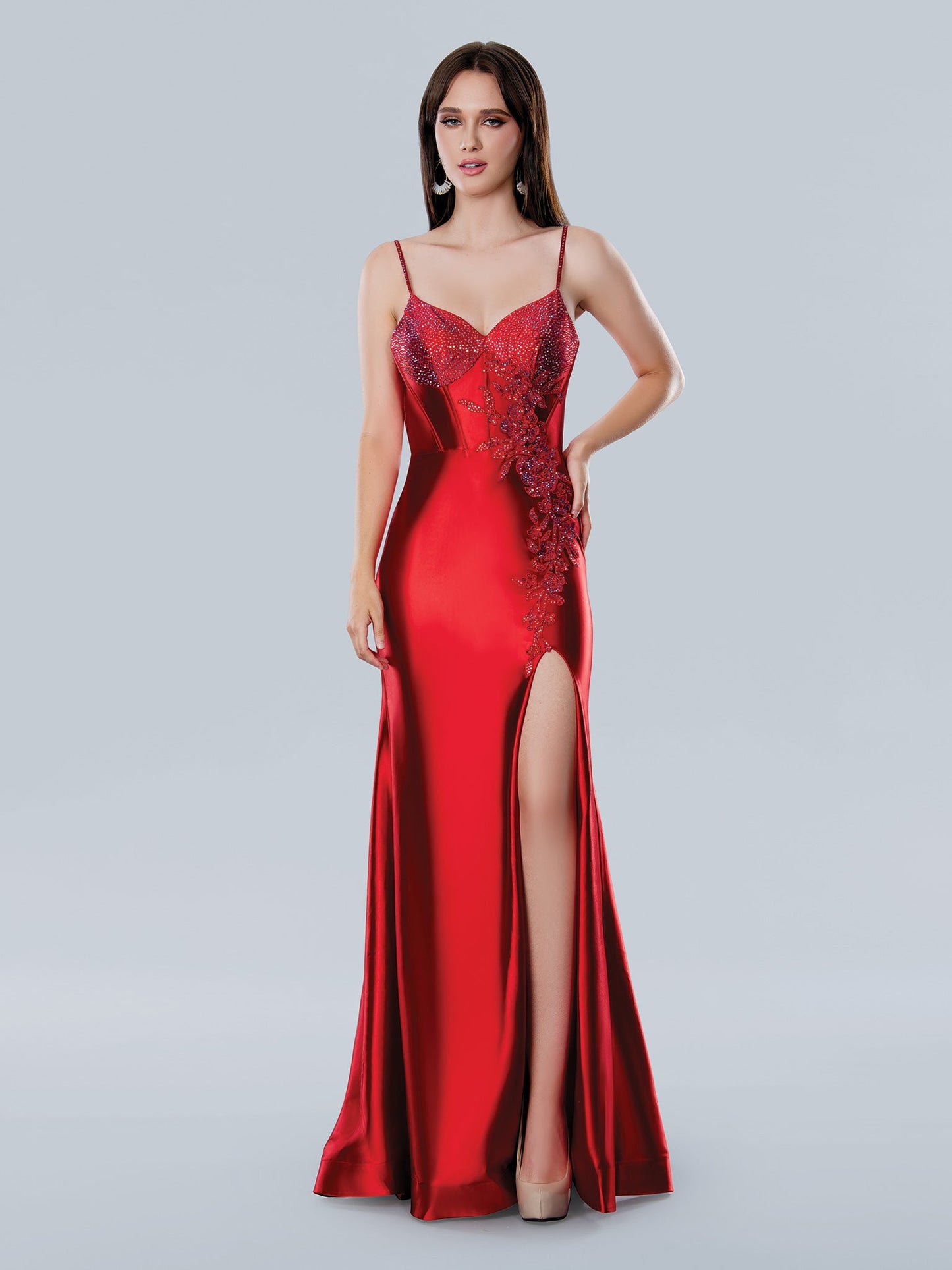 Prom Dresses Prom Long Fitted Slit Beaded Corset Formal Dress Red