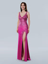 Prom Dresses Fitted Slit Long Formal Floral Prom Dress Fuchsia