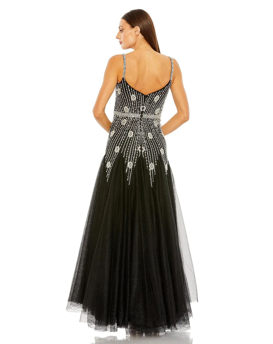 Formal Dresses Long Slim Strap Embellished Bustier Dress Black Silver