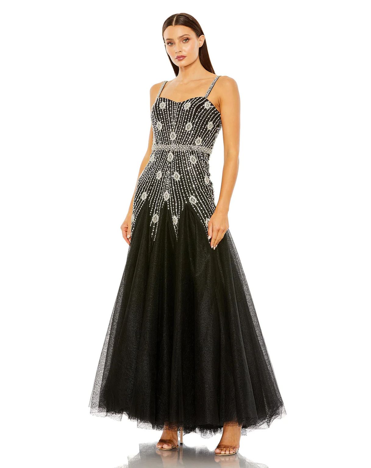 Formal Dresses Long Slim Strap Embellished Bustier Dress Black Silver