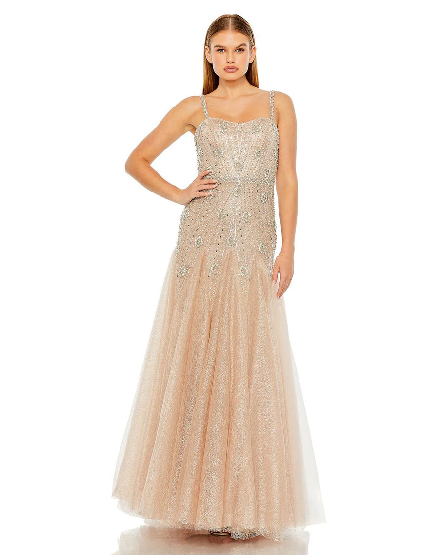 Formal Dresses Long Slim Strap Embellished Bustier Dress Nude Silver