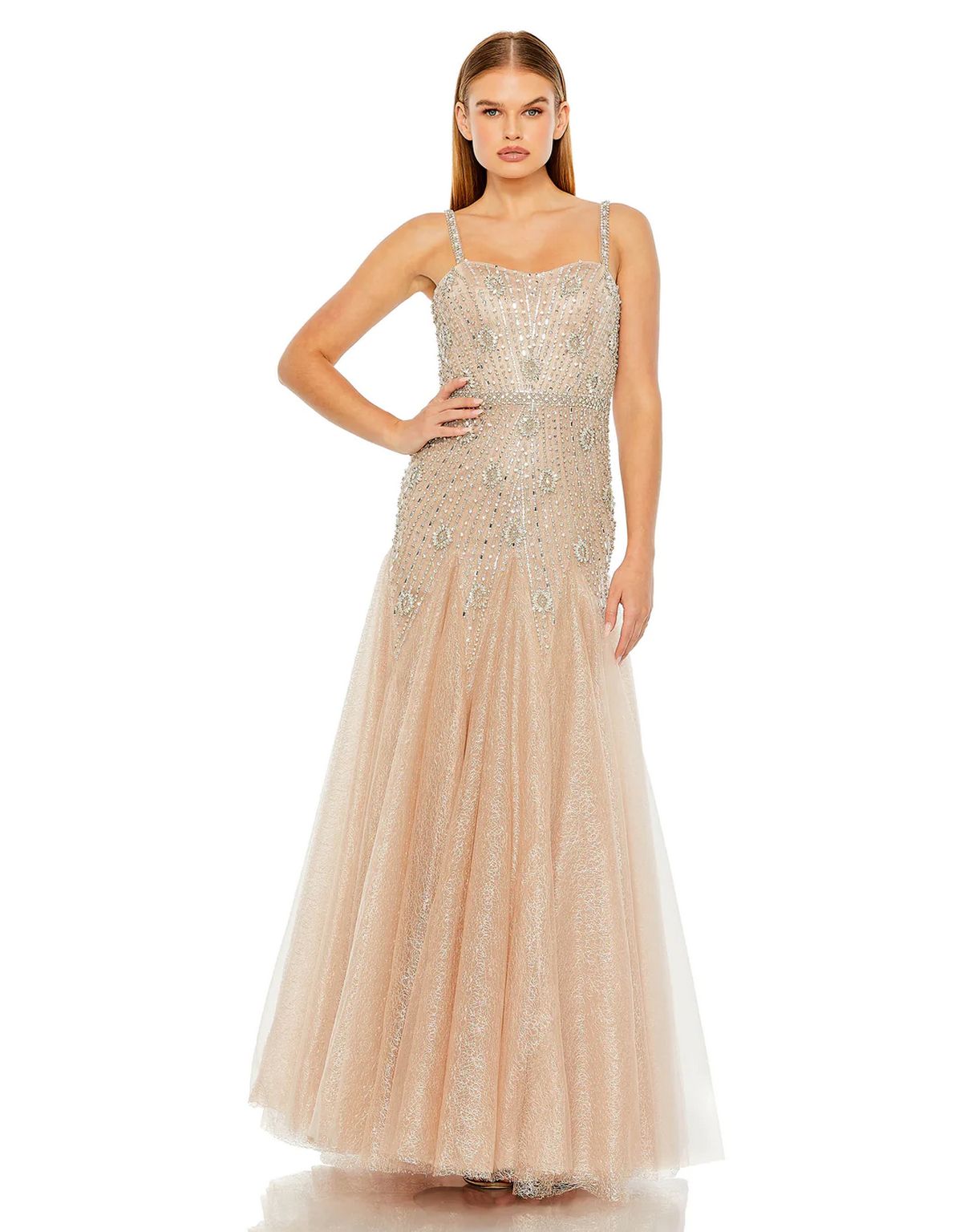 Formal Dresses Long Slim Strap Embellished Bustier Dress Nude Silver