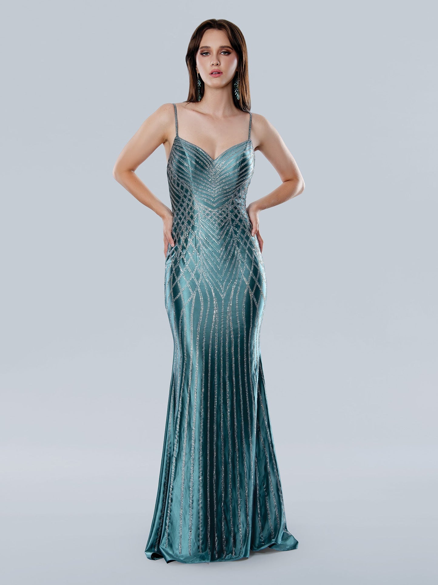Prom Dresses Long fitted Prom Slit Beaded Formal Dress Sage