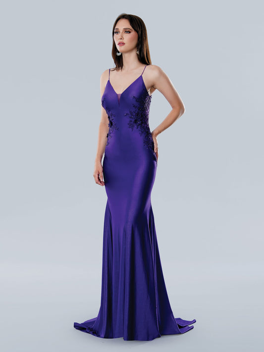 Prom Dresses Long Fitted Formal Floral Applique Prom Dress Purple