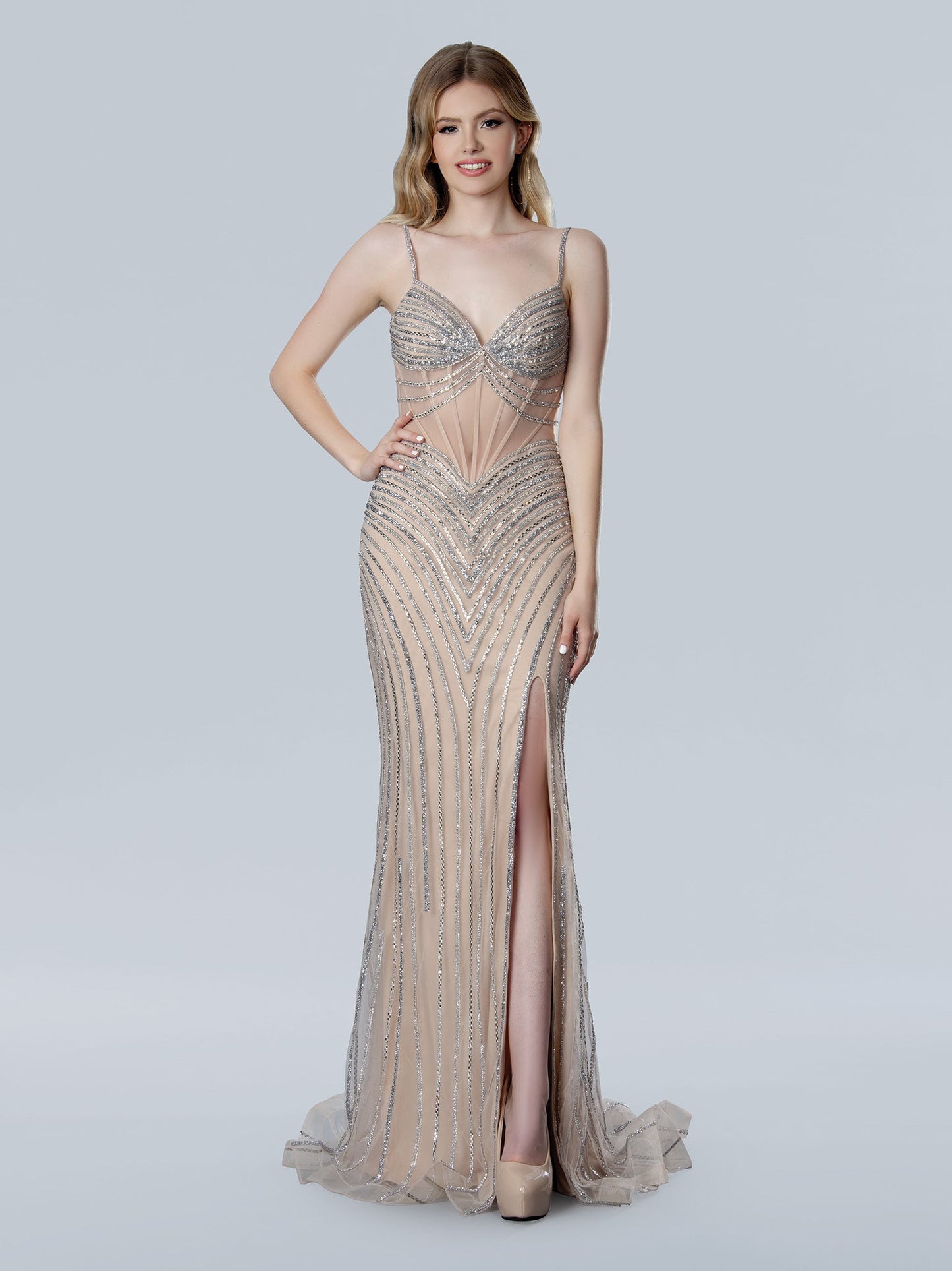 Prom Dresses Prom Long Formal Beaded Slit Evening Dress Nude