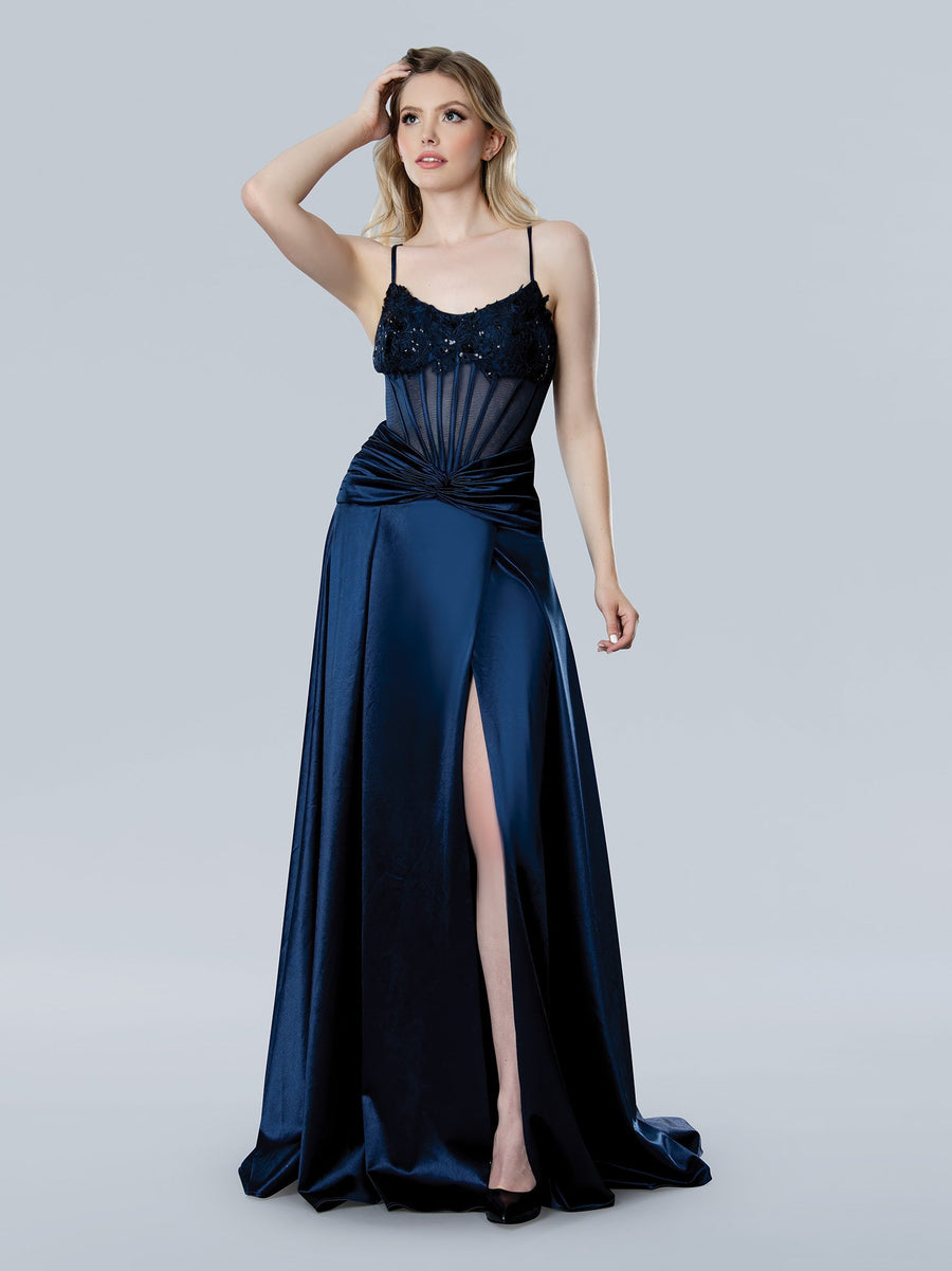 Prom Dresses Long Evening Ruched Slit Formal Prom Dress Navy