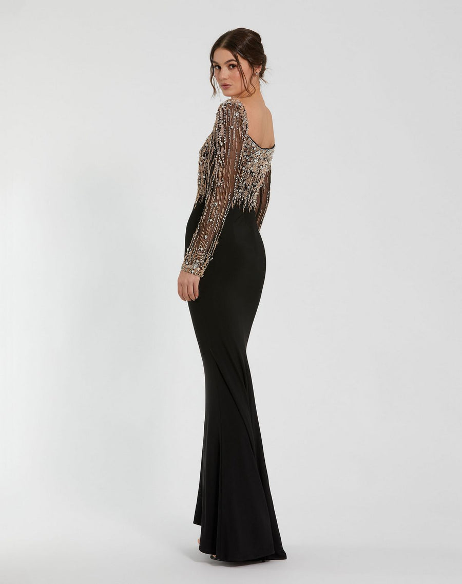 Formal Dresses Long Sleeve Beaded Formal Prom Dress Black Gold