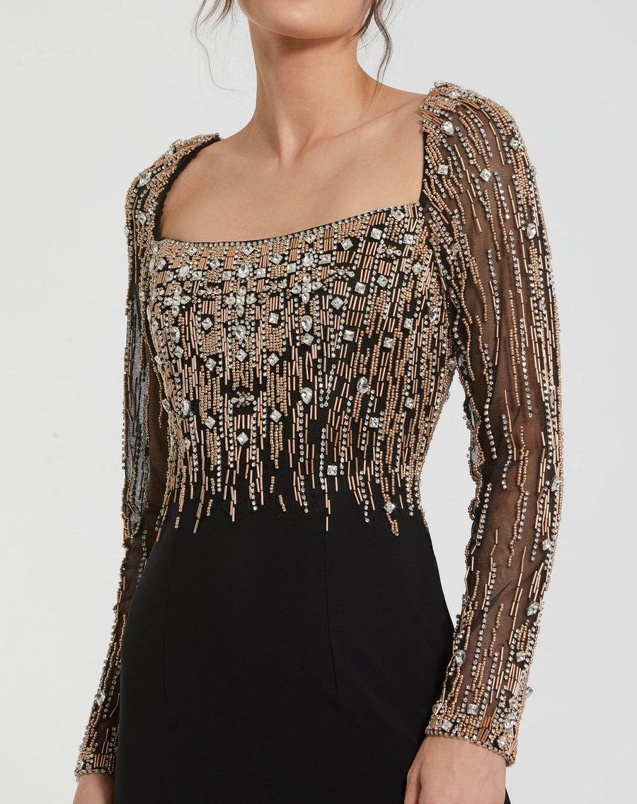 Formal Dresses Long Sleeve Beaded Formal Prom Dress Black Gold