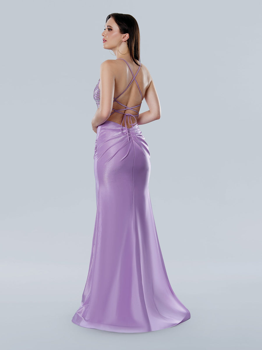 Prom Dresses Fitted Long Slit Beaded Formal Prom Dress Lilac