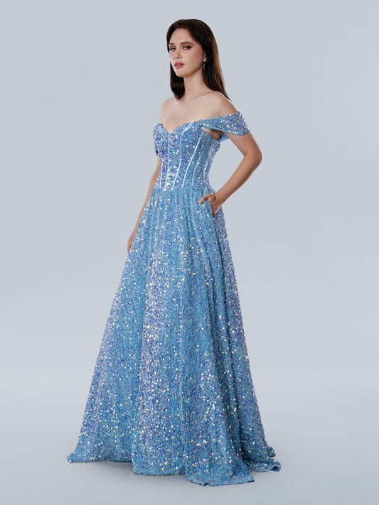 Prom Dresses A Line Long Formal Sequin Prom Dress Blue