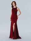 Formal Dresses Pleated Long Ruffle Slit Formal Evening Dress Wine