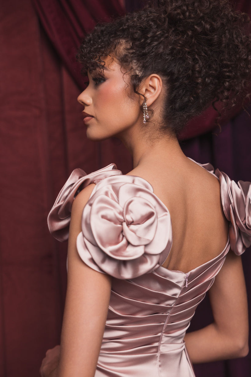 Formal Dresses 3D Floral Long Formal Evening Pleated Dress Rose