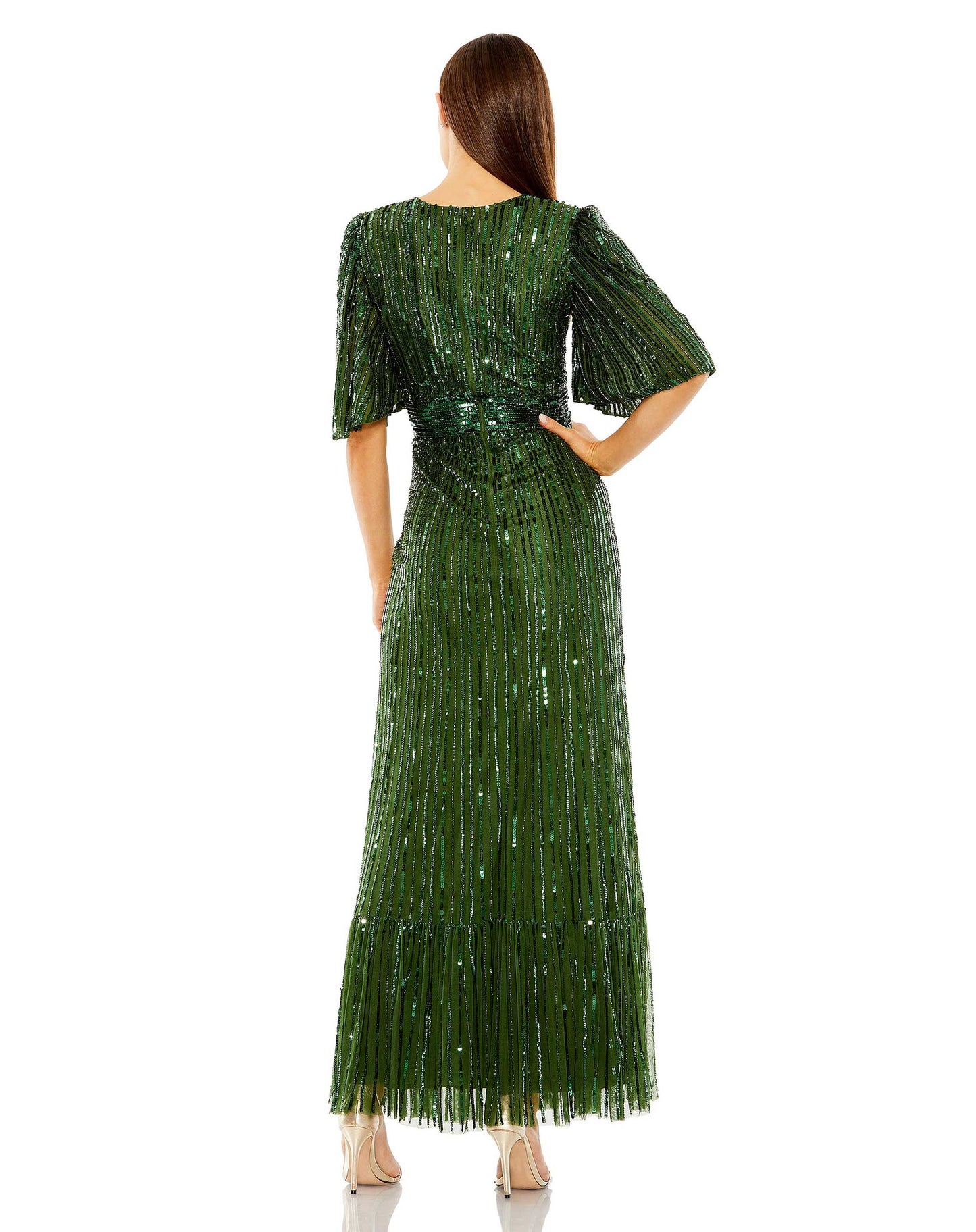 Formal Dresses Long Flutter Sleeve Deep V Ruffle Hem Sequin Dress Emerald