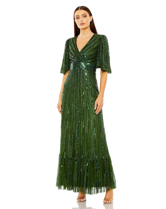 Formal Dresses Long Flutter Sleeve Deep V Ruffle Hem Sequin Dress Emerald
