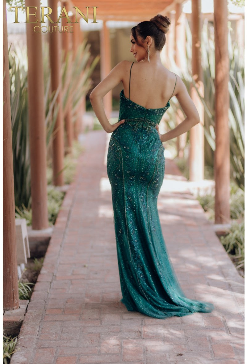 Prom Dresses Long Beaded Formal Prom Fitted Dress Emerald