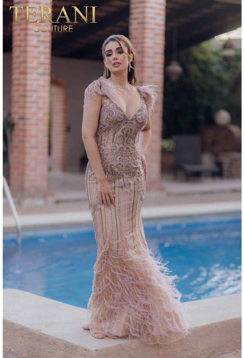 Prom Dresses Long Beaded Formal Prom Feather Dress Taupe Lavender