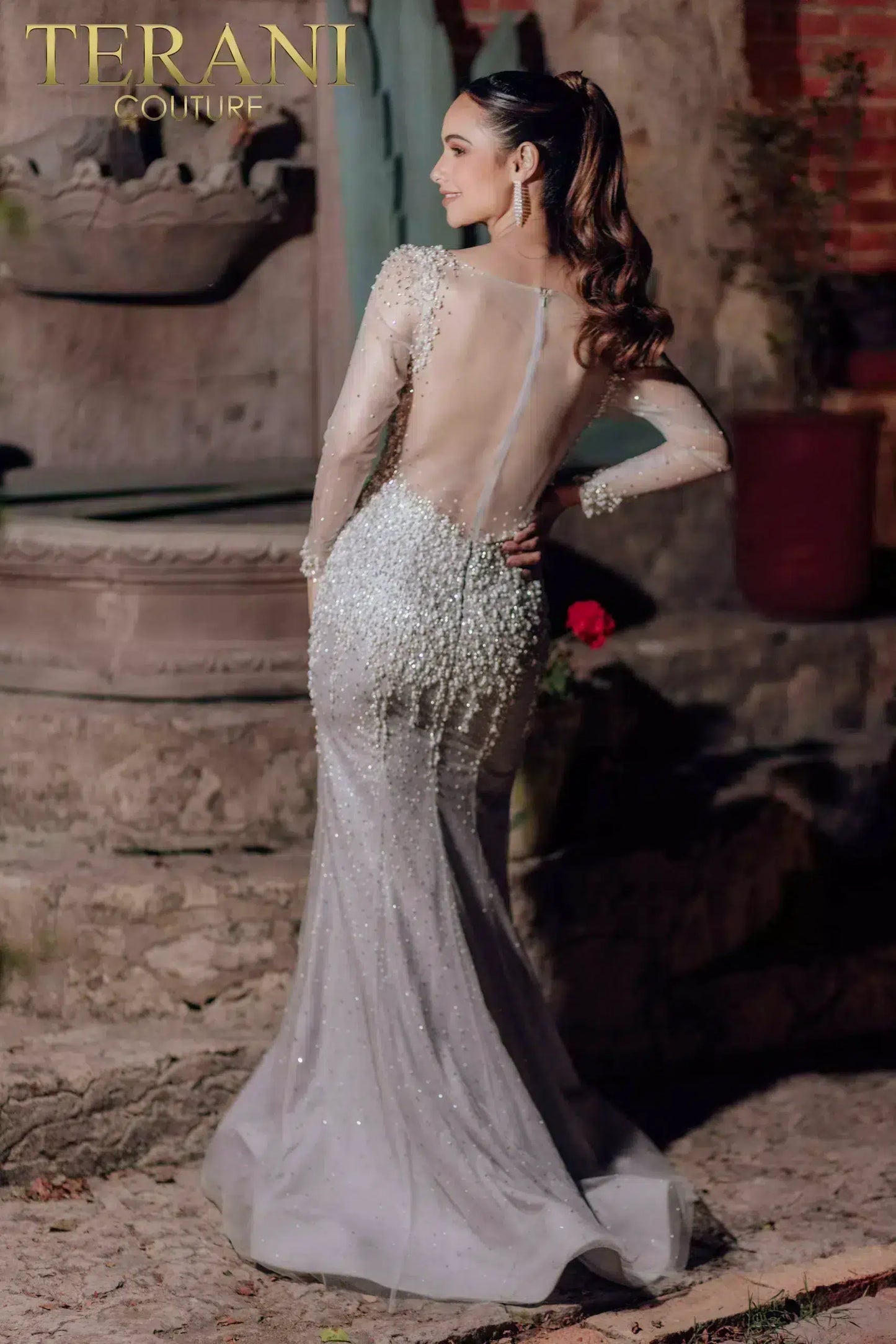 Formal Dresses Beaded Long Sleeve Mermaid Formal Evening Dress Silver Pearl