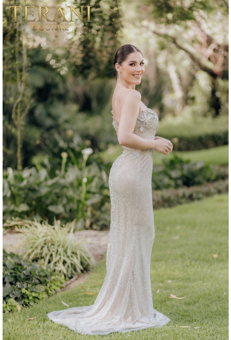 Prom Dresses Long Mermaid Formal Prom 3D Floral Dress Silver Nude