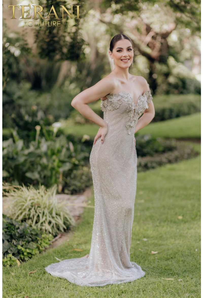 Prom Dresses Long Mermaid Formal Prom 3D Floral Dress Silver Nude