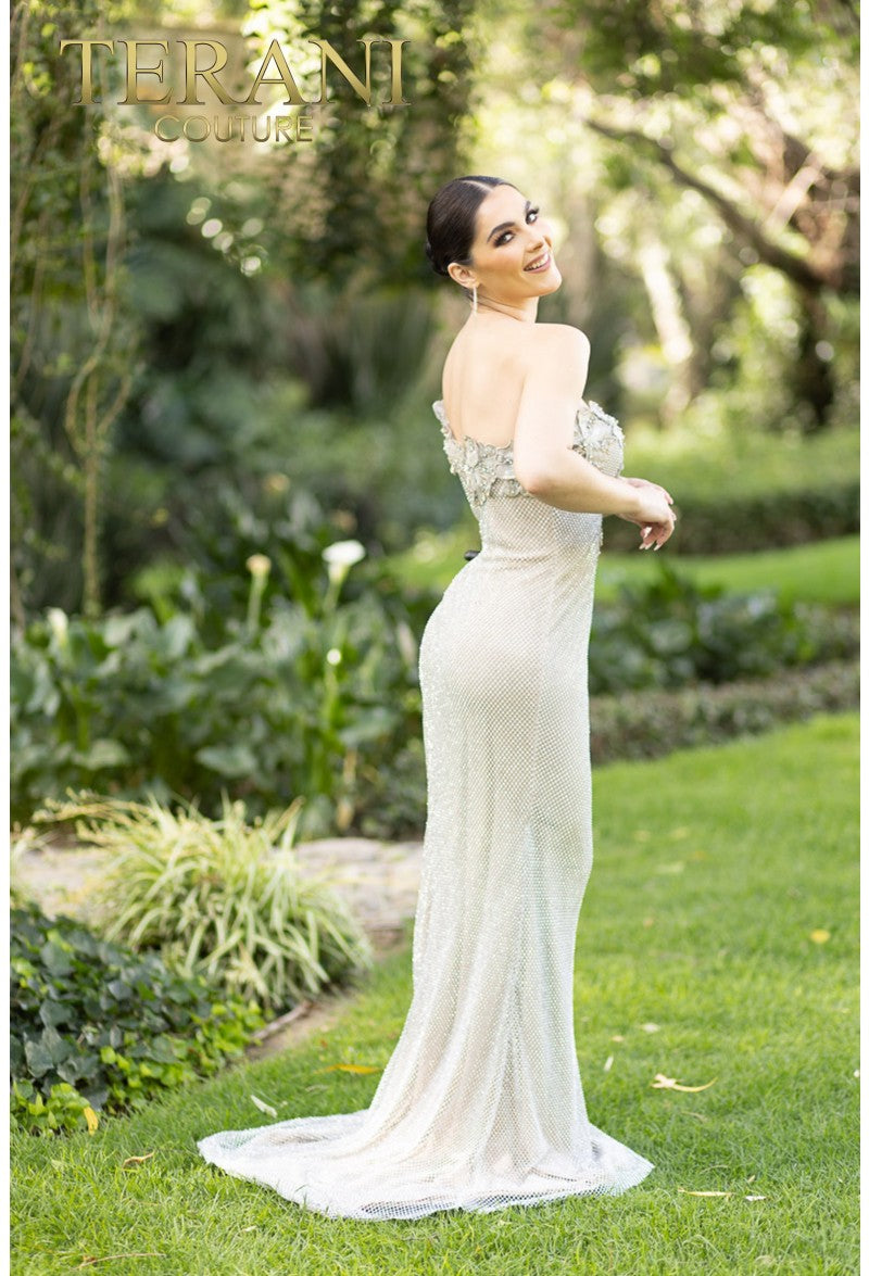 Prom Dresses Long Mermaid Formal Prom 3D Floral Dress Silver Nude