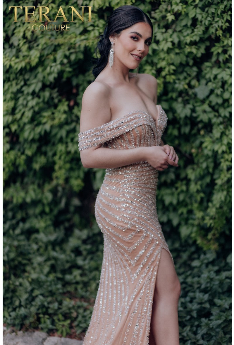 Formal Dresses Long Beaded Fitted Formal Prom Dress Ivory Nude