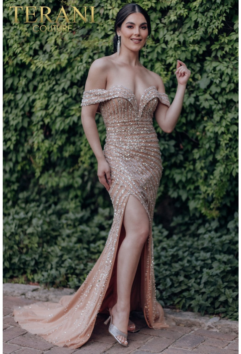 Formal Dresses Long Beaded Fitted Formal Prom Dress Ivory Nude