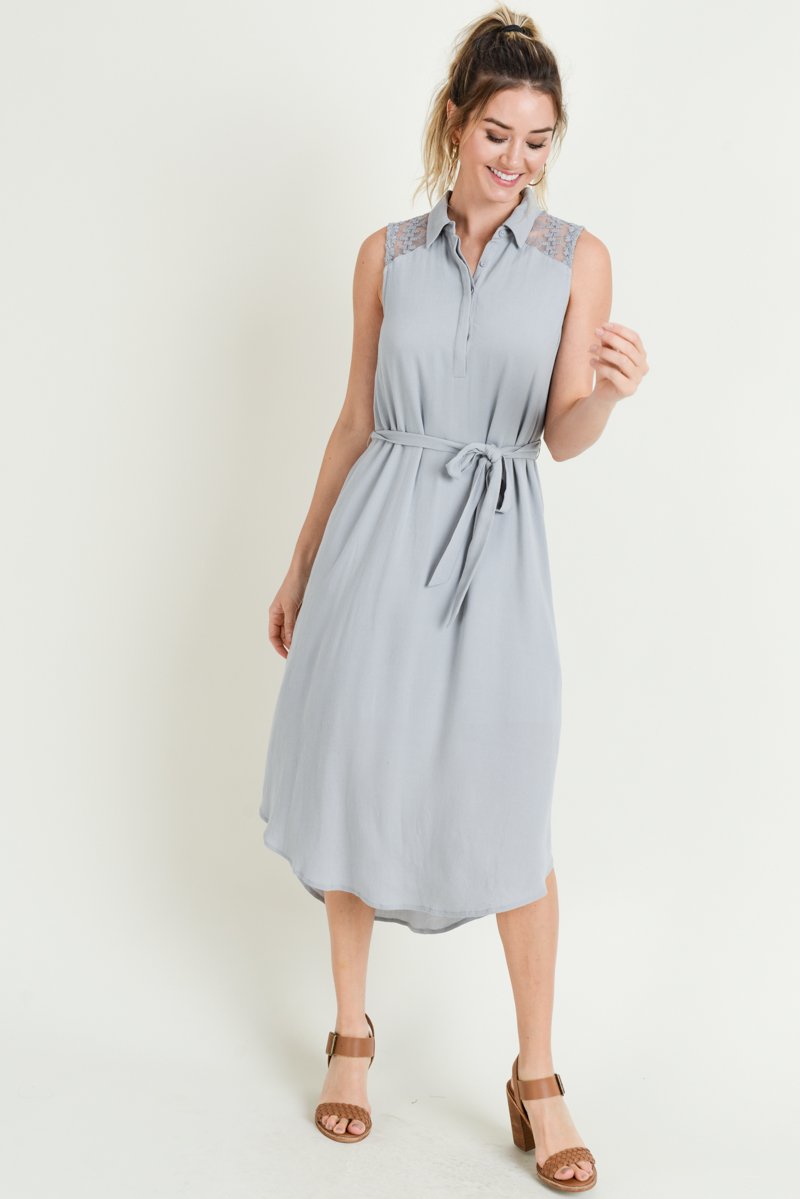 Cocktail Dresses Sleeveless Collared Button Midi Dress  Ligth Grey