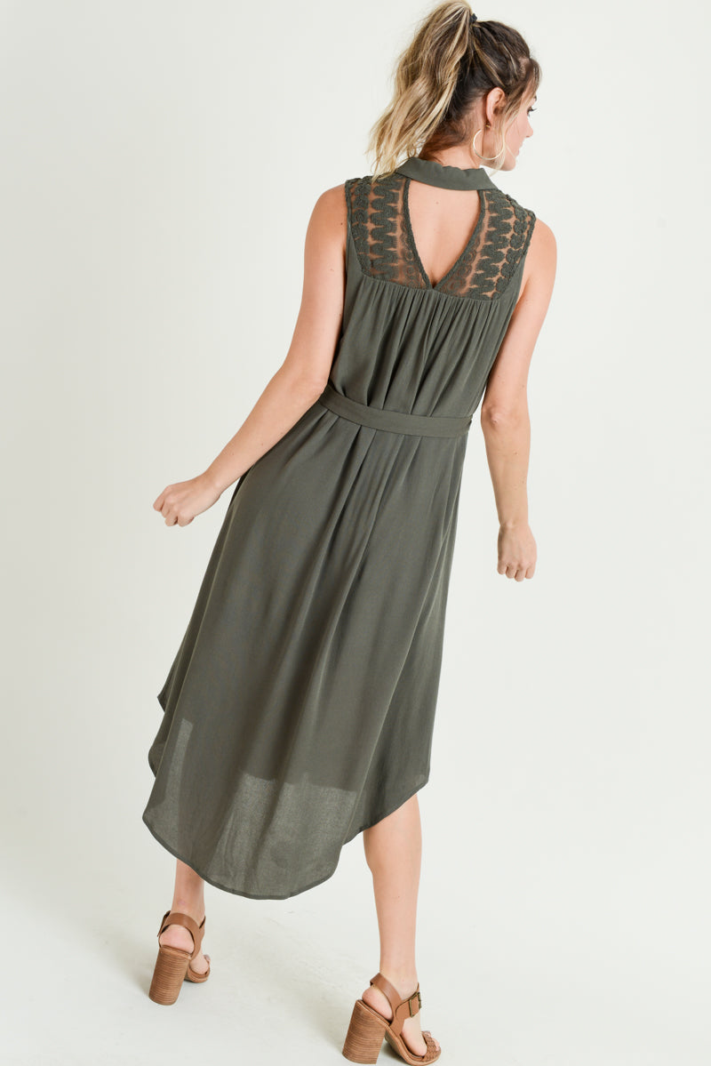Cocktail Dresses Sleeveless Collared Button Midi Dress  Olive