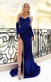 Prom Dresses Fitted Sequin Long Formal Velvet Prom Dress Royal