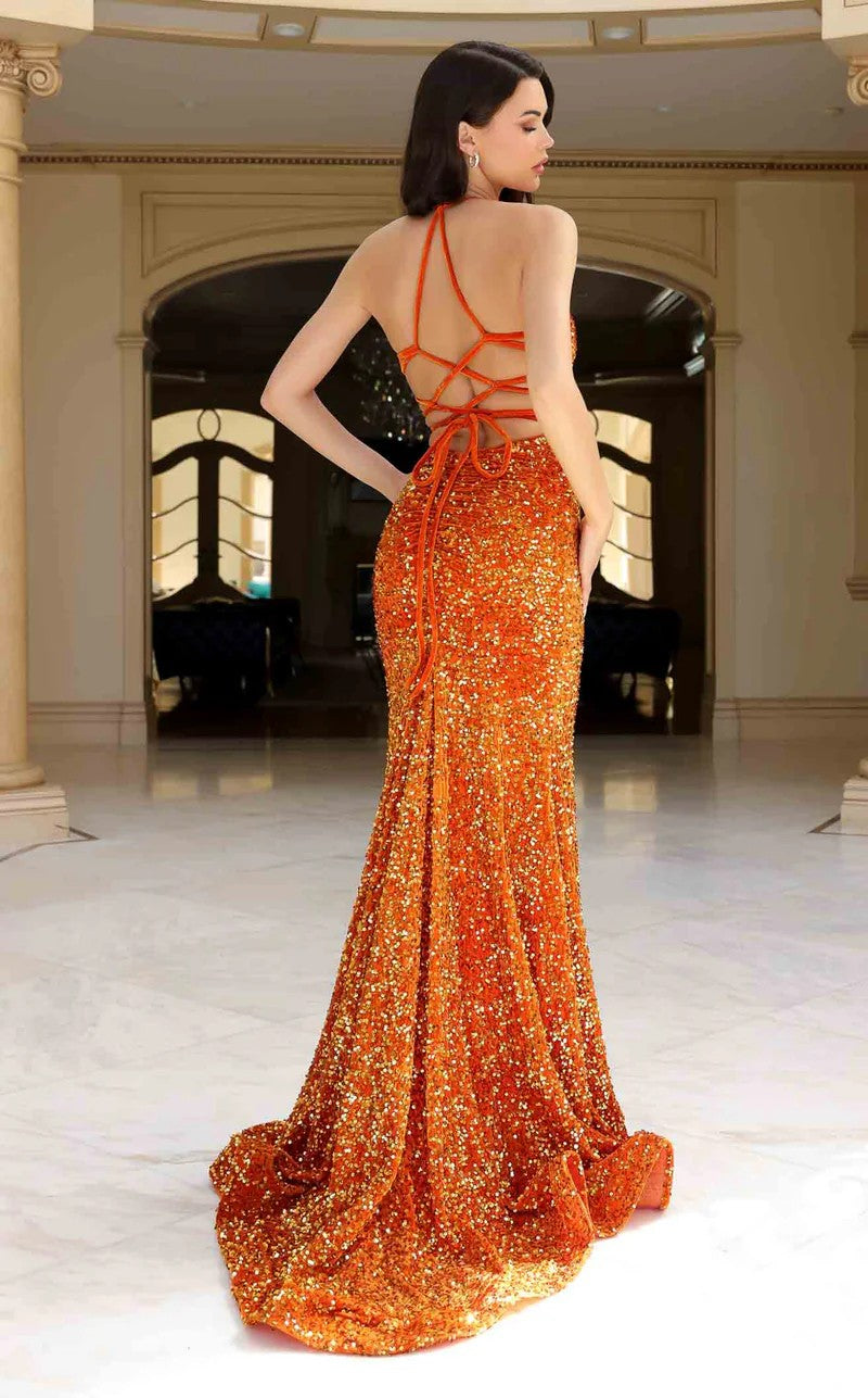 Prom Dresses Long Slit Formal Velvet Sequin Prom Dress Orange