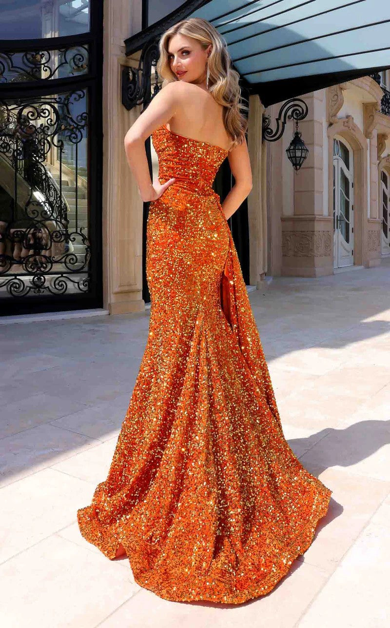 Prom Dresses Velvet Long Formal Slit Sequin Prom Dress Orange