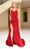 Prom Dresses Fitted Long Velvet Sequin Prom Dress Red