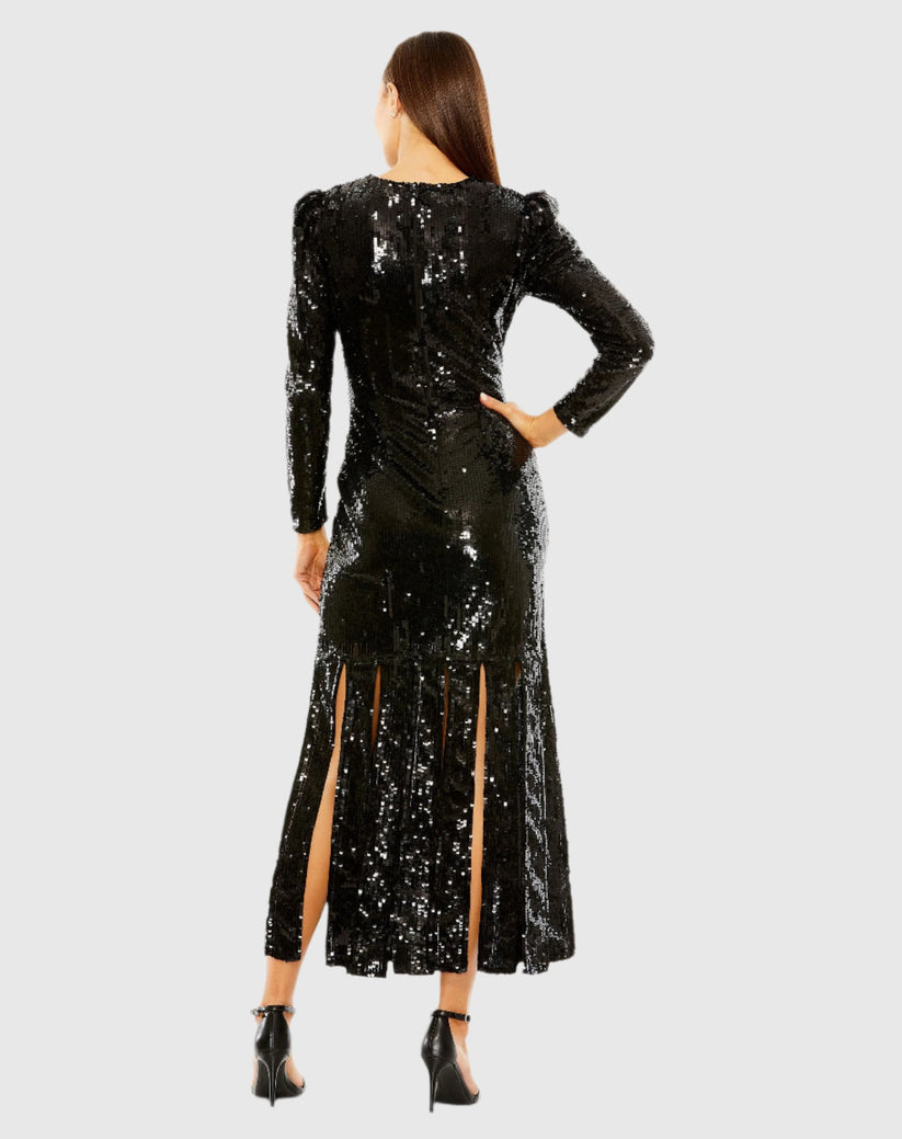 Formal Dresses Long Sleeve Formal Sequin Tea Length Dress Black