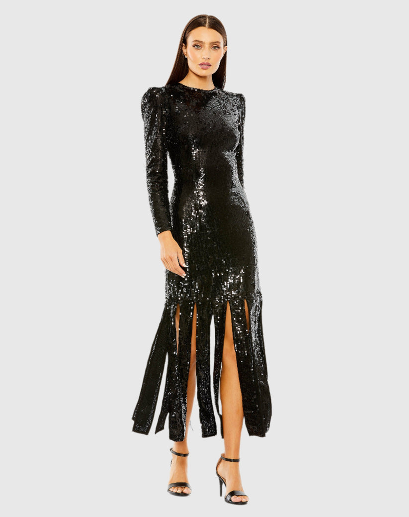 Formal Dresses Long Sleeve Formal Sequin Tea Length Dress Black