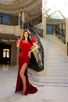Prom Dresses Fitted Slit Long Formal Velvet Prom Dress Red