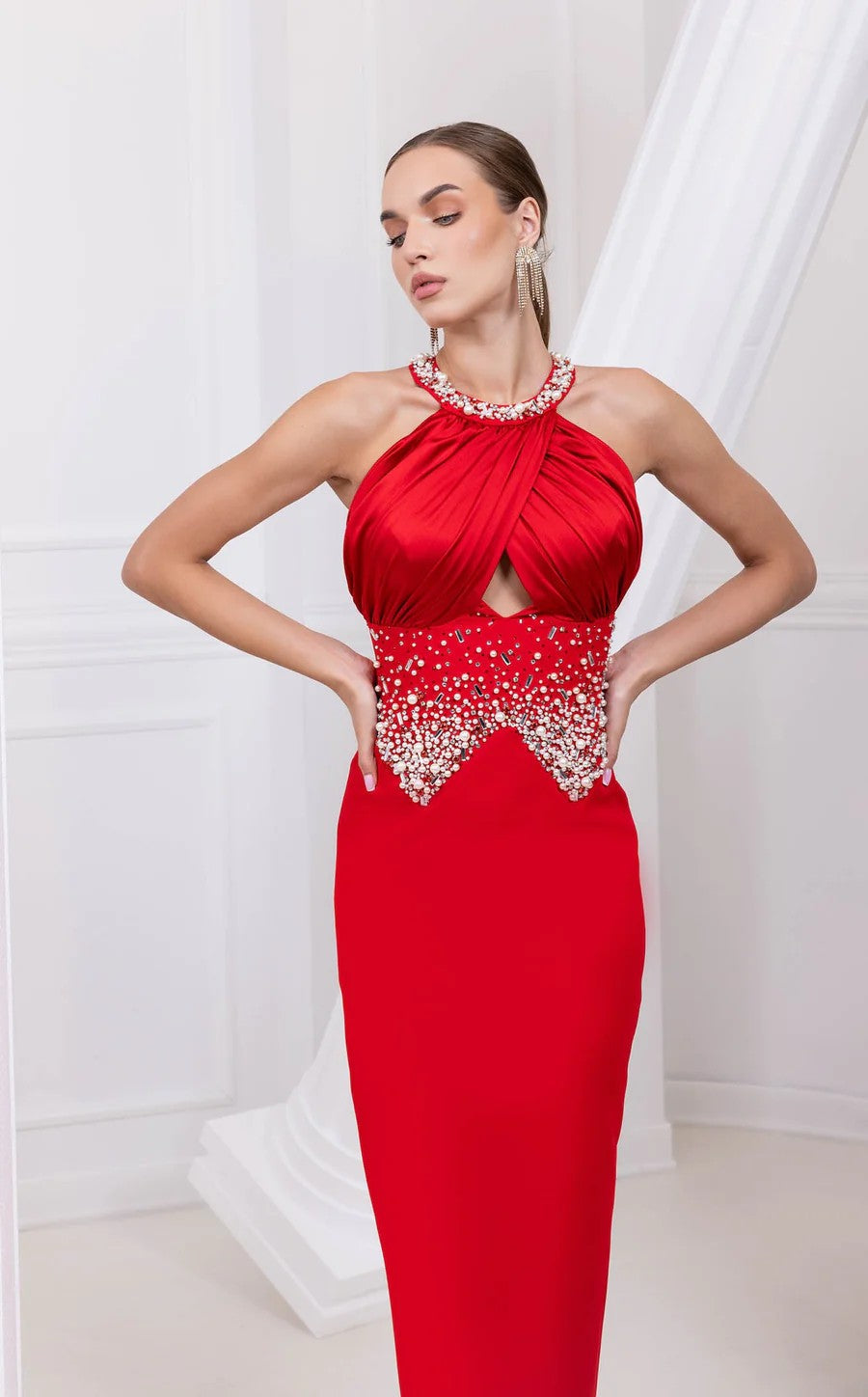 Prom Dresses Long Formal Fitted Beaded Prom Dress Red