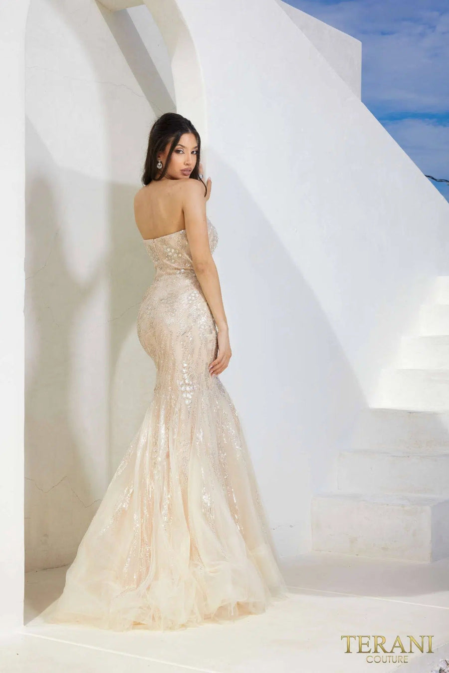 Prom Dresses Fitted Formal Beaded Long Prom Dress Champagne