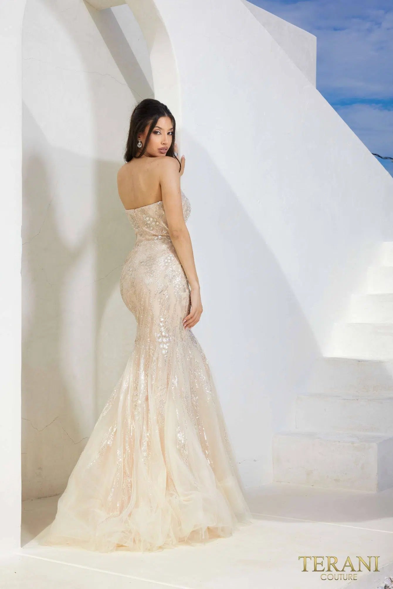 Prom Dresses Fitted Formal Beaded Long Prom Dress Champagne