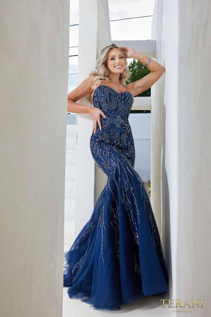 Prom Dresses Fitted Formal Beaded Long Prom Dress Navy