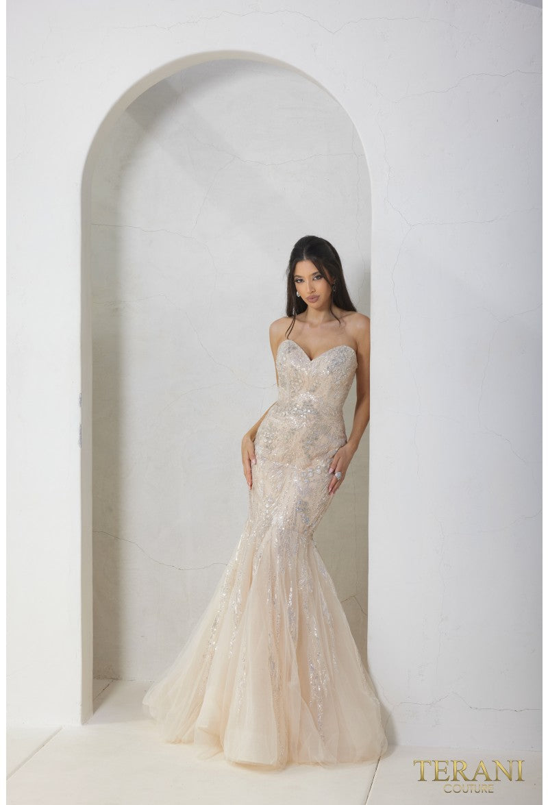 Prom Dresses Fitted Formal Beaded Long Prom Dress Champagne