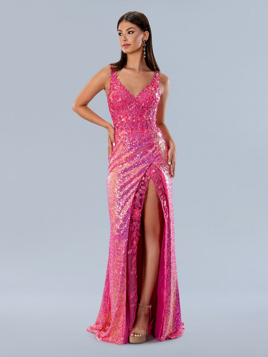 Prom Dresses Floral Applique Formal Long Sequin Prom Dress Fuchsia