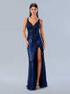 Prom Dresses Floral Applique Formal Long Sequin Prom Dress Navy