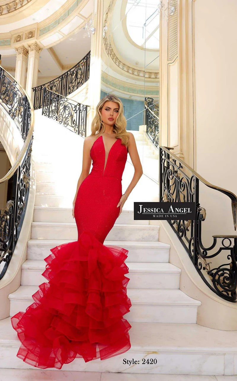 Prom Dresses Long Mermaid Formal Ruffle Prom Dress Red