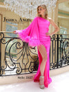 Prom Dresses Fitted Slit Long Formal Feather Prom Dress Neon Pink