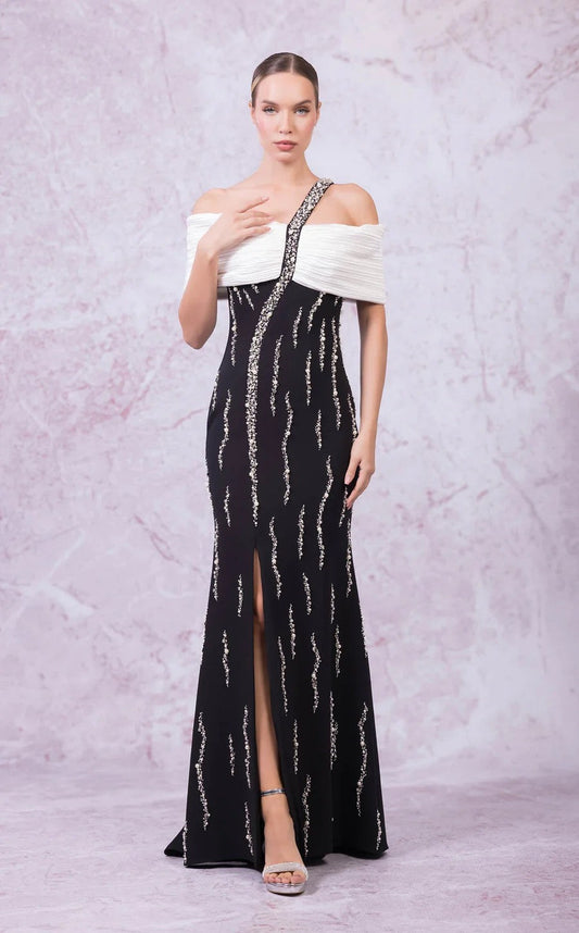 Prom Dresses Long Slit Formal Pleated Evening Dress Black/White