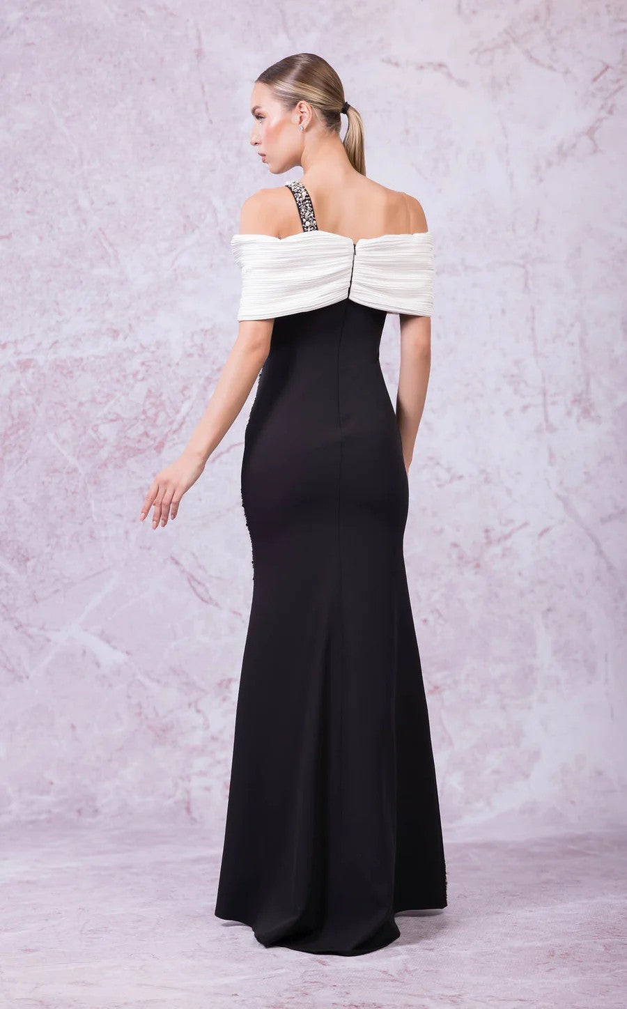 Prom Dresses Long Slit Formal Pleated Evening Dress Black/White