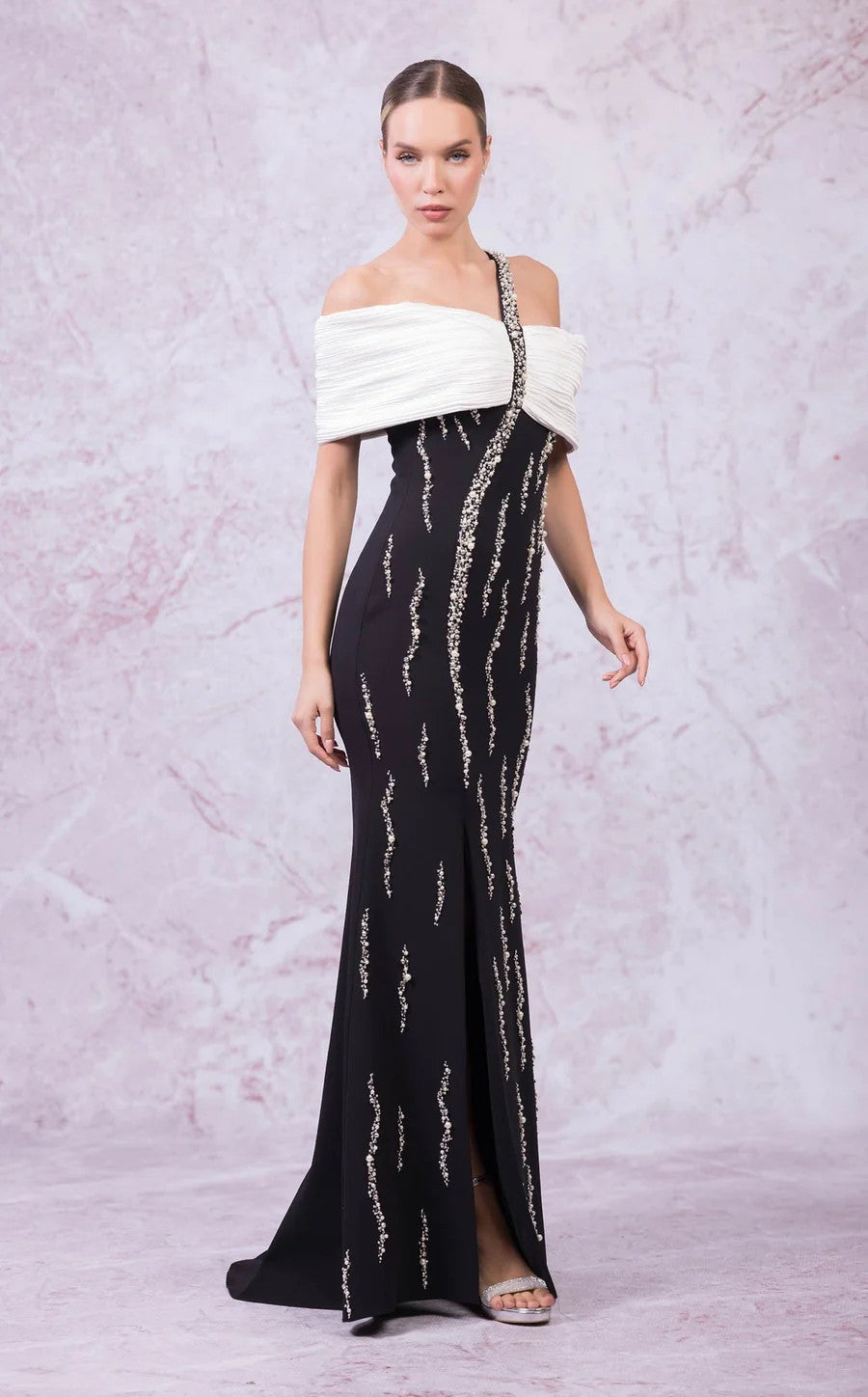 Prom Dresses Long Slit Formal Pleated Evening Dress Black/White