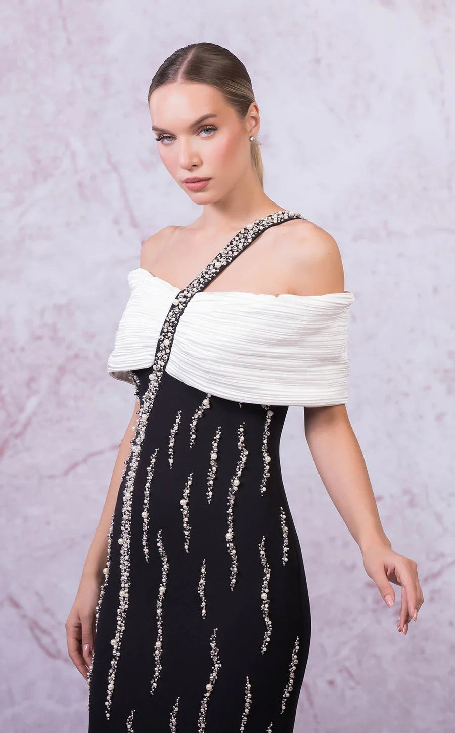 Prom Dresses Long Slit Formal Pleated Evening Dress Black/White